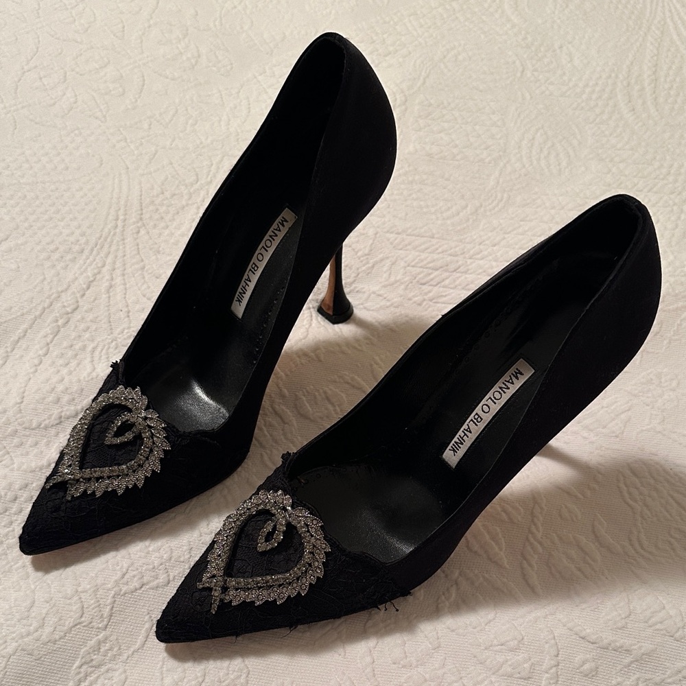 Manolo Blahnik Black Heels with Silver Embellishment Crystal Buckle